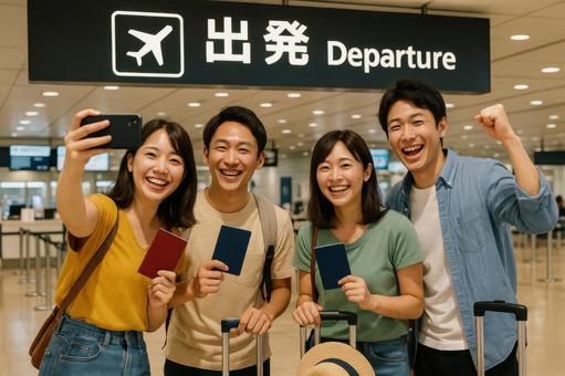出発前に記念写真を撮る日本人観光客 出発前に記念写真を撮る日本人観光客の写真