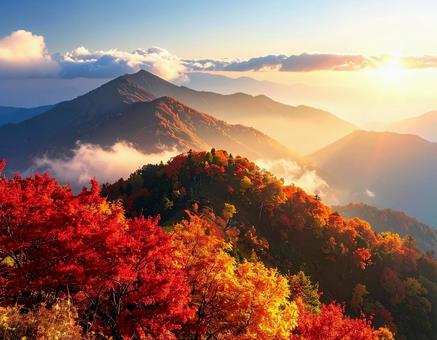 夕日の当たる紅葉した山々 夕日の当たる紅葉した山々の写真