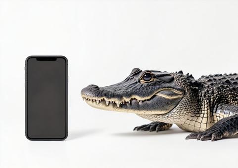 ワニとスマートフォン ワニとスマートフォンの写真