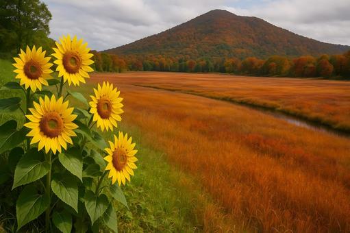 秋の草原とひまわり 秋の草原とひまわりの写真