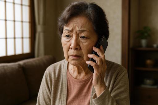 不審な電話を受ける高齢女性 不審な電話を受ける高齢女性の写真