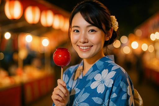 笑顔でりんご飴を持つ浴衣女性 笑顔でりんご飴を持つ浴衣女性の写真