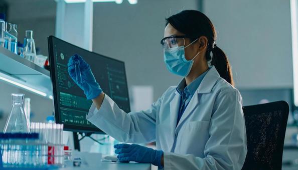 研究所で実験をする女性の研究者 研究所で実験をする女性の研究者の写真
