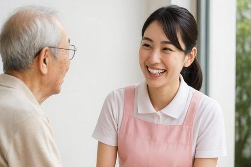 介護士の女性が高齢者と笑顔で会話している 介護士の女性が高齢者と笑顔で会話しているの写真