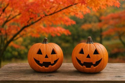 紅葉とジャックオーランタン 紅葉とジャックオーランタンの写真