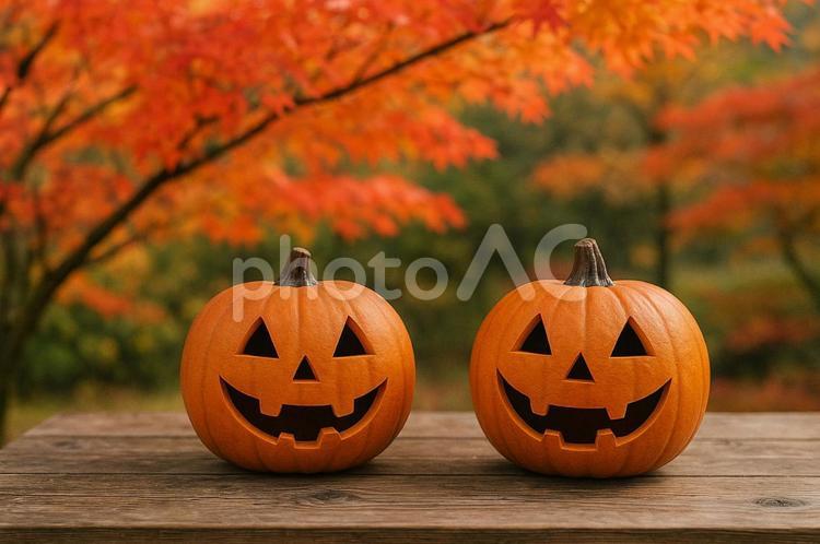 紅葉とジャックオーランタン ジャックオーランタン,ハロウィン,秋の写真素材