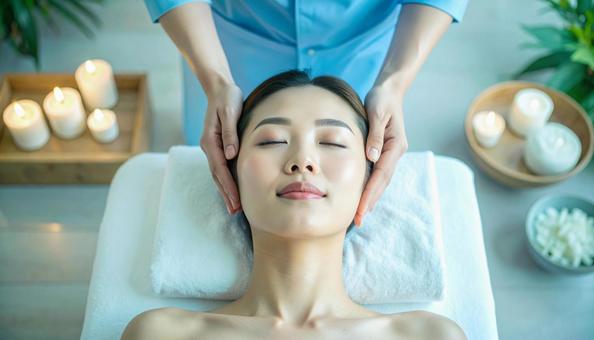 女性客のヘッドスパをするエステシャンの手 女性客のヘッドスパをするエステシャンの手の写真