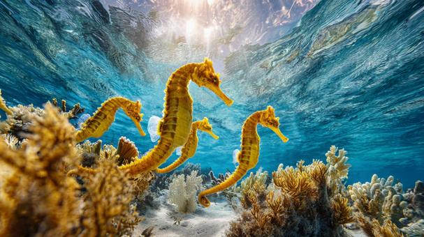 泳ぐ鮮やかなタツノオトシゴの群れ 泳ぐ鮮やかなタツノオトシゴの群れの写真
