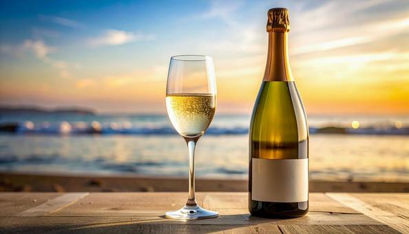 シャンパンボトル　ワイングラスの写真