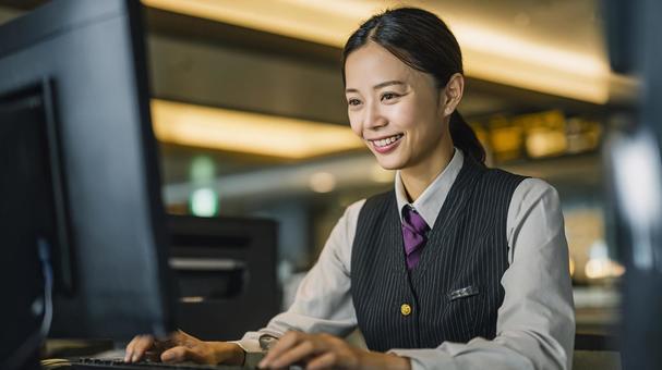 制服姿で働く女性銀行員のポートレート 制服姿で働く女性銀行員のポートレートの写真