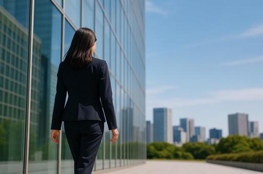 オフィスの前で女性が歩いていく後ろ姿 オフィスの前で女性が歩いていく後ろ姿の写真