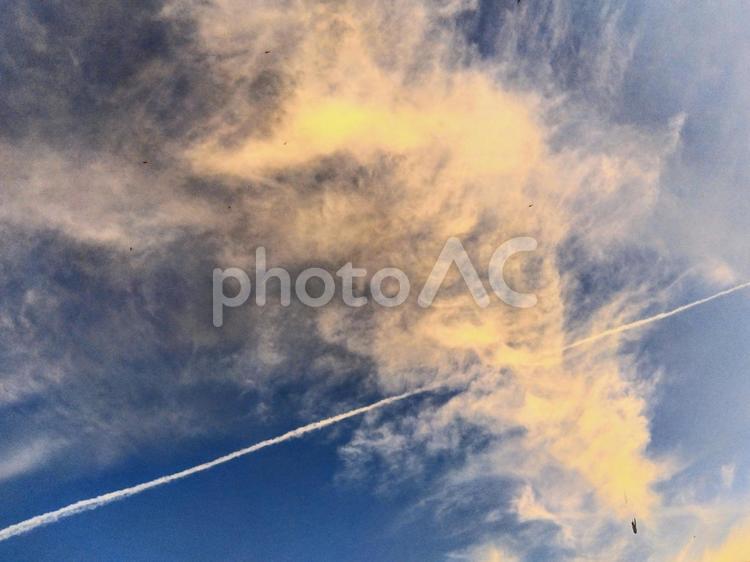 夕方の立ち上る雲と飛行機雲 夕方の空,空,夕方の写真素材