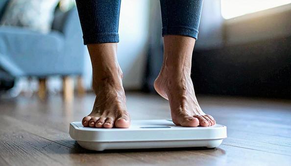 白い体重計に足を乗せる若い女性 白い体重計に足を乗せる若い女性の写真