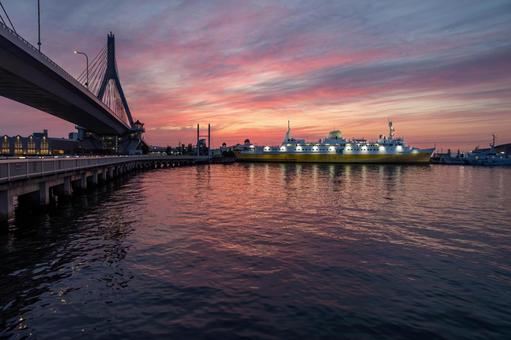 海に反射する夕焼けと橋と船 海に反射する夕焼けと橋と船 青森ラブリッジ,橋,青函連絡船の写真素材