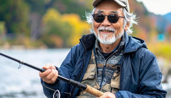 サングラスをかけて釣りをするシニア男性 サングラスをかけて釣りをするシニア男性の写真