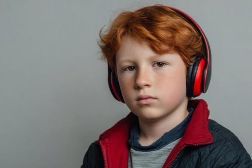 ヘッドホンをした欧米人の男の子 ヘッドホンをした欧米人の男の子の写真