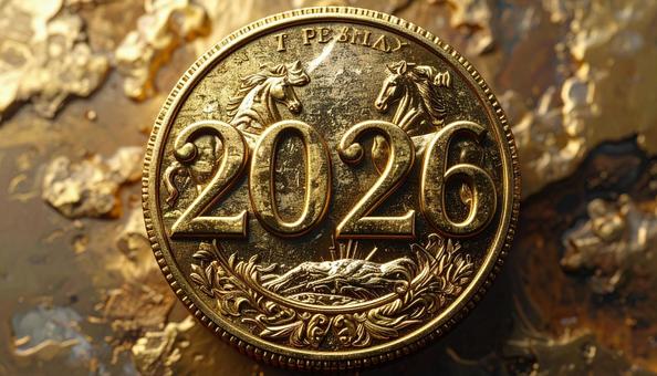 2026の文字と馬が刻まれた金貨 2026の文字と馬が刻まれた金貨の写真