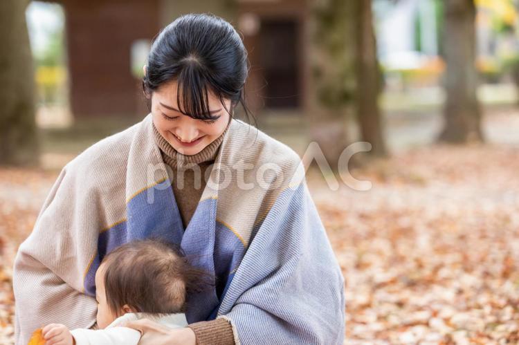 秋の公園で遊ぶ赤ちゃんとママ 赤ちゃん,抱っこ,ピクニックの写真素材