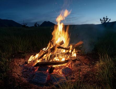 夜の草原の焚き火の写真