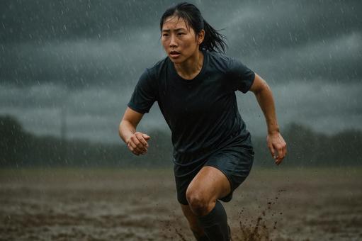 雨の中でプレーする女子選手 雨の中でプレーする女子選手の写真