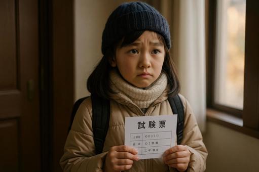 試験本番の朝に不安な表情を見せる子ども 試験本番の朝に不安な表情を見せる子どもの写真
