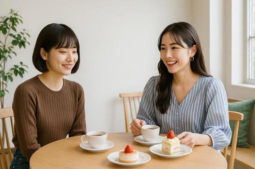 カフェでおしゃべりする女性二人組 カフェでおしゃべりする女性二人組の写真