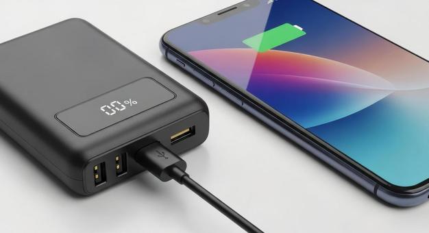 充電中のスマホとモバイルバッテリー 充電中のスマホとモバイルバッテリーの写真