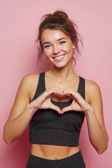 ハートサインを見せる笑顔の女性 ハートサインを見せる笑顔の女性の写真