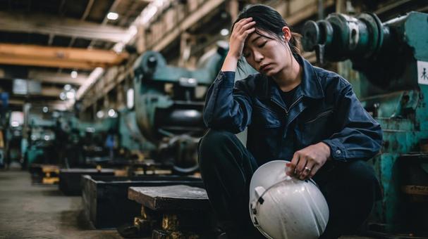 疲労する女性作業員 疲労する女性作業員の写真
