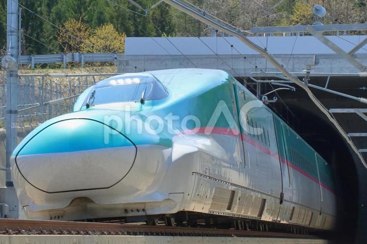 トンネルを出た北海道新幹線(E5系) 北海道新幹線,新幹線,鉄道の写真素材