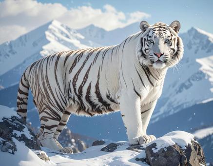 雪山の頂上に立つホワイトタイガーの写真