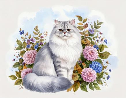 ペルシャ猫と花の水彩タッチの写真素材の写真