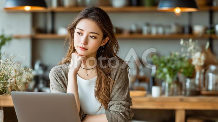 木製テーブルとノートPC 女性,パソコン,考えるの写真素材