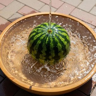 冷たい水に浸ったスイカ 冷たい水に浸ったスイカの写真