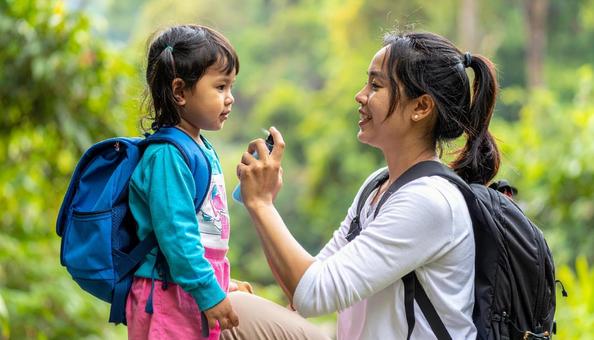 子供に虫除けスプレーをつけるお母さん 子供に虫除けスプレーをつけるお母さんの写真