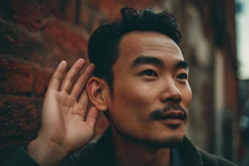 聞き取りにくい状況：耳を傾ける男性の写真