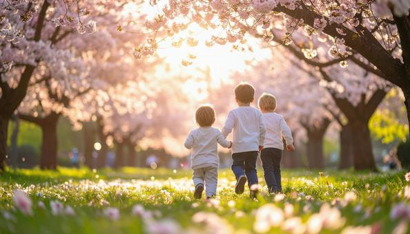 桜並木の下で駆ける子どもたち 桜並木の下で駆ける子どもたちの写真