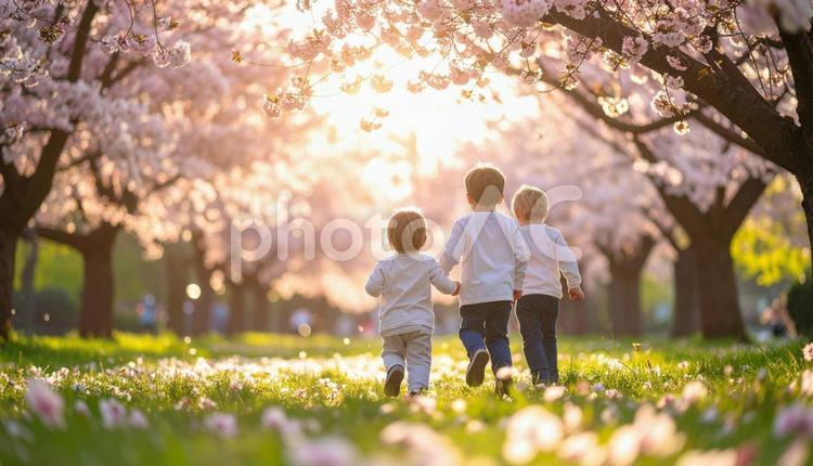桜並木の下で駆ける子どもたち 桜,春,子どもの写真素材