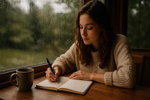 雨の日の窓辺と日記帳 雨の日の窓辺と日記帳の写真