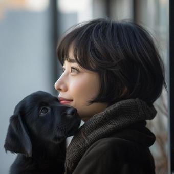犬を抱いた女性 犬を抱いた女性の写真