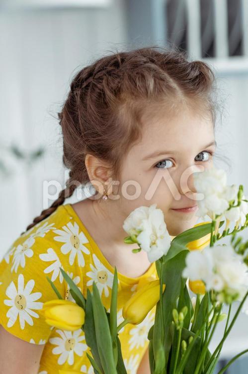 カメラ目線で白い花の匂いを嗅ぐ女の子のアップ 女の子,生け花,白の写真素材