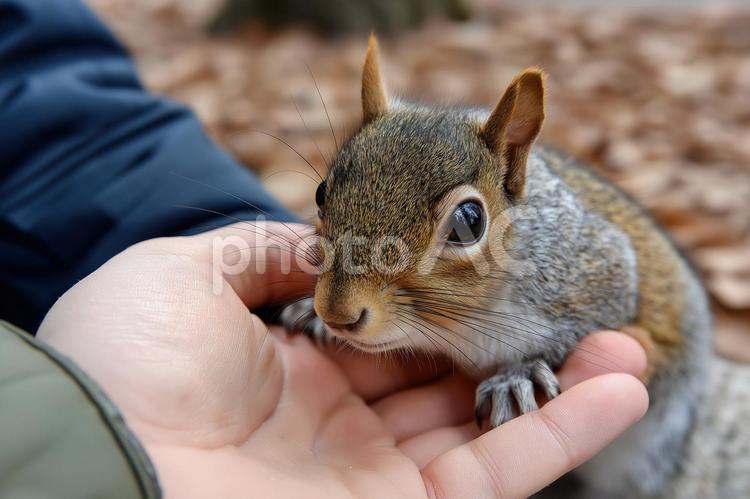 人間の手から餌をもらう愛らしいリスの写真 リス,小動物,動物の写真素材