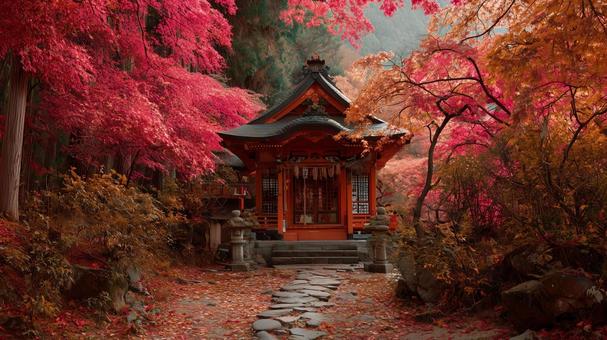 紅葉に包まれた幻想的な神社の風景の写真
