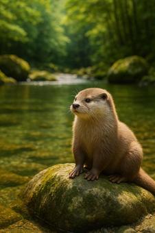 川辺で日向ぼっこするコツメカワウソの写真