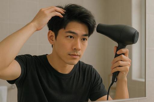 ドライヤーをあてる男性の写真