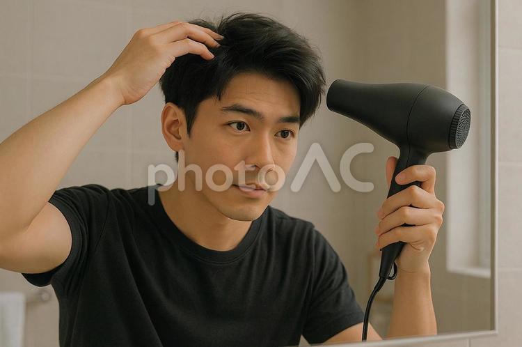 ドライヤーをあてる男性 ai生成,人物,男性の写真素材