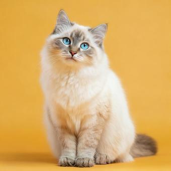 おすわりする白くてもふもふの猫 おすわりする白くてもふもふの猫の写真