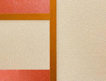 朱色和紙パネルと木枠を組み合わせた壁面 和紙,和紙背景,壁面の写真素材