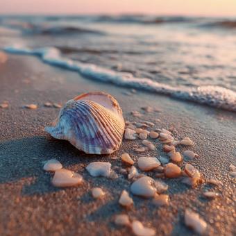 海辺のロマンチックなひととき:貝殻と波 海辺のロマンチックなひととき:貝殻と波の写真