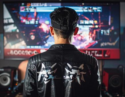 ゲームをする男性 ゲームをする男性 後ろ姿,背中,男性の写真素材
